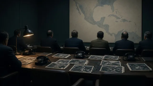 A dimly lit 1962 situation room with aerial photographs and a Caribbean map, illustrating the Cuban Missile Crisis