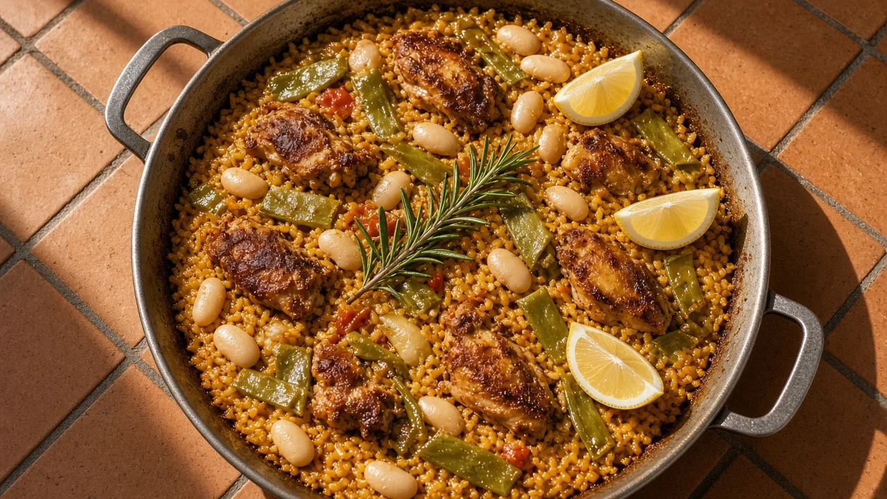 A wide paella pan of saffron rice with chicken, green beans, white beans and lemon wedges