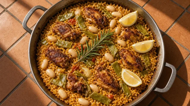 A wide paella pan of saffron rice with chicken, green beans, white beans and lemon wedges