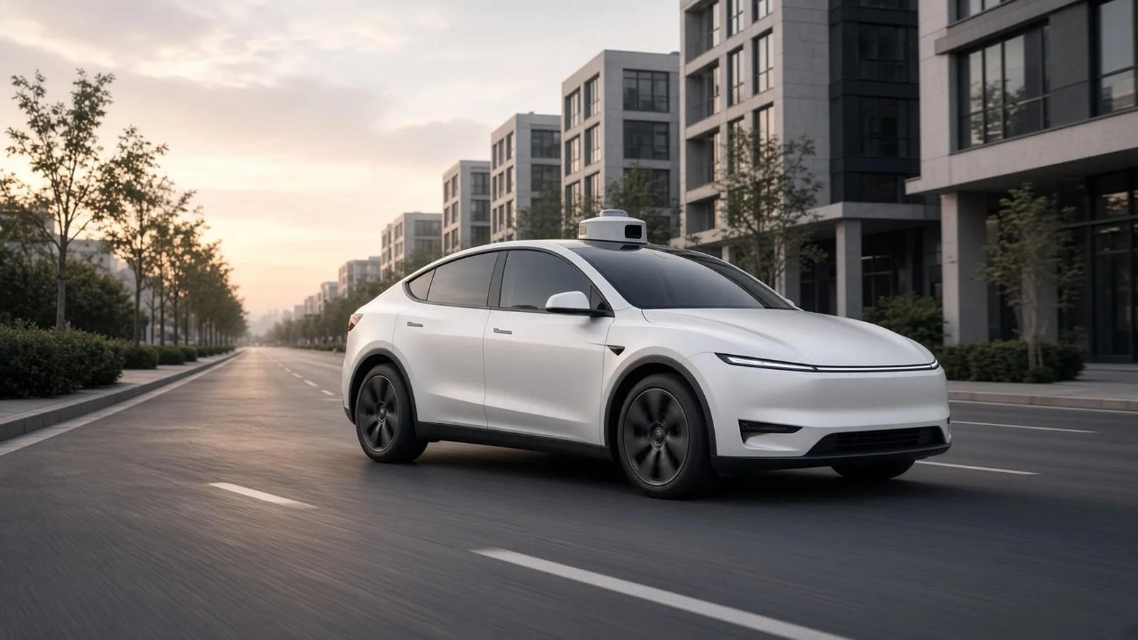 A white electric SUV with a roof-mounted sensor pod driving on an empty city street at dawn