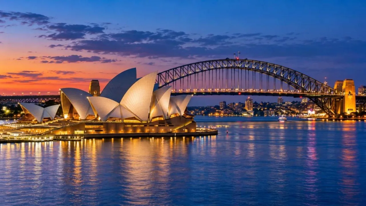 Sydney Opera House and Harbour Bridge at blue hour reflected in calm harbour water