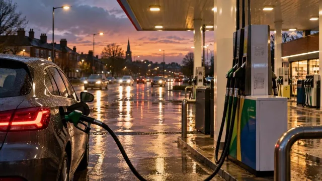 A petrol station forecourt at dusk with a car refuelling on a rainy British street