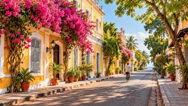 Mustard-yellow French colonial villa with bougainvillea and a cyclist in Puducherry White Town