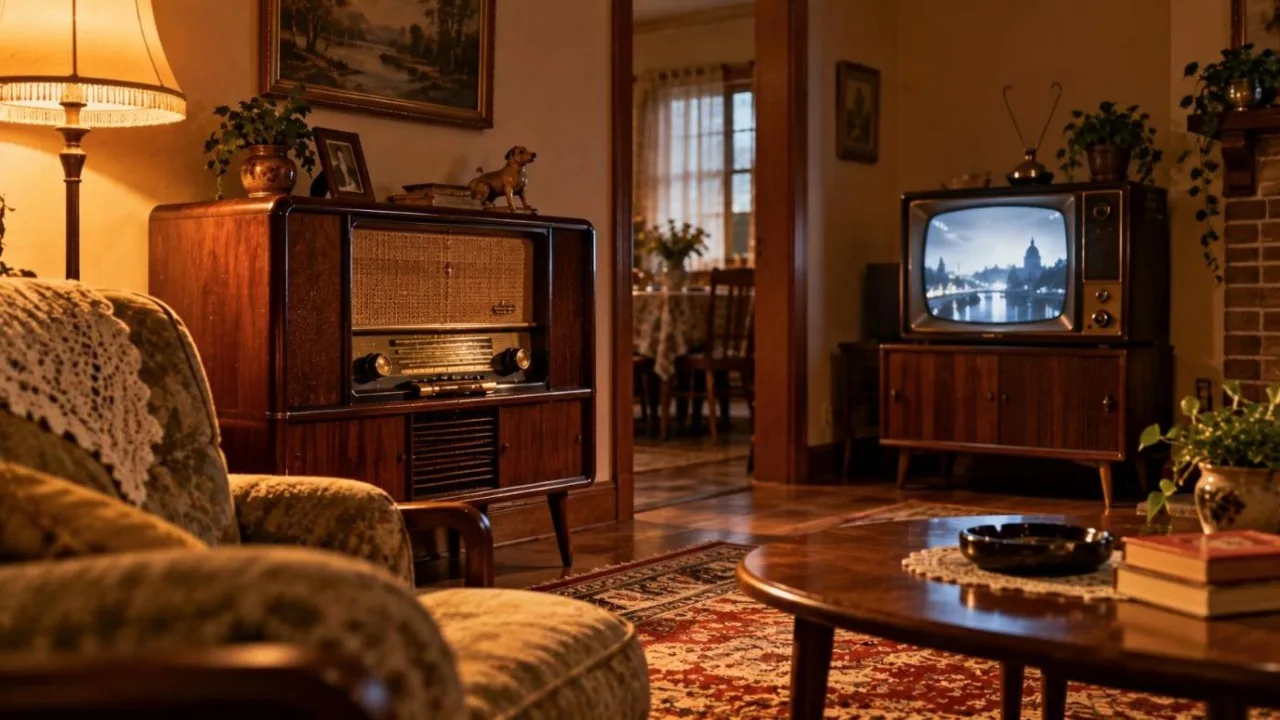 Vintage 1950s living room with a wooden radio set and a small glowing box television