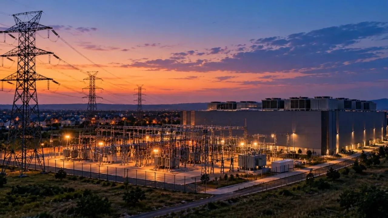 High-voltage power lines and a substation beside a large data centre building at dusk