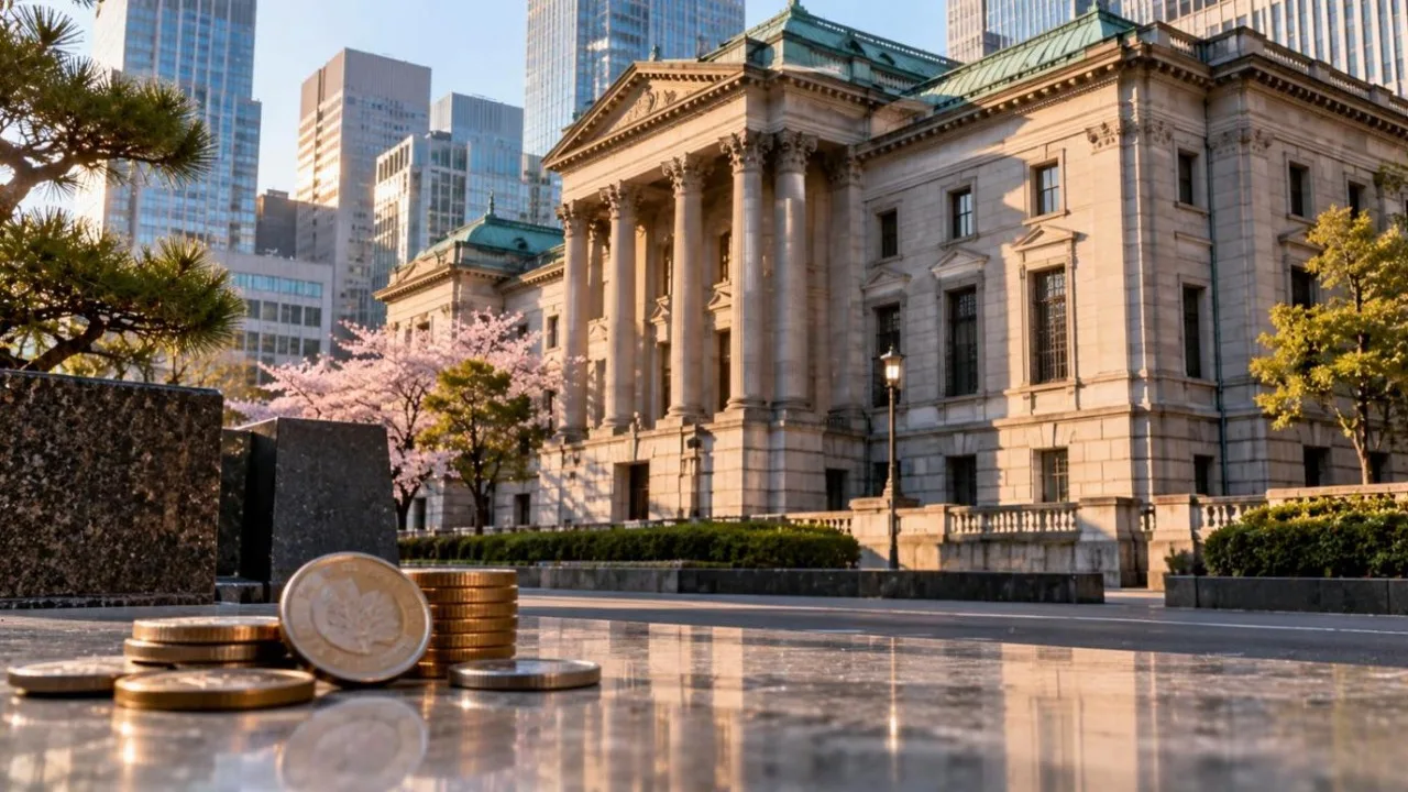 Japanese bank building facade in Tokyo with yen coins in the foreground