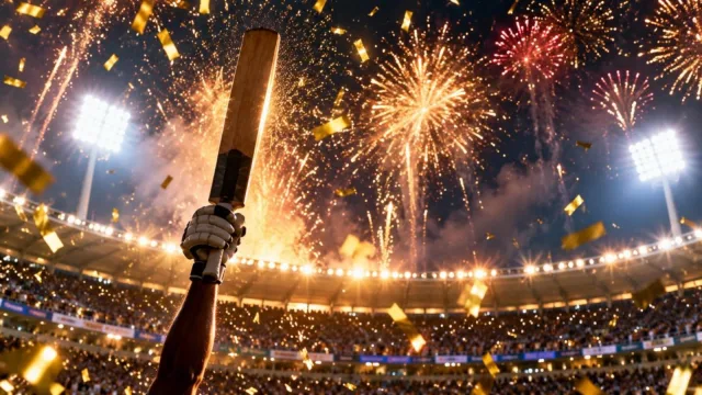 Golden confetti and fireworks over a floodlit stadium with a cricket bat raised in silhouette