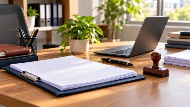 Desk with a rubber stamp, pen, folder of documents and laptop