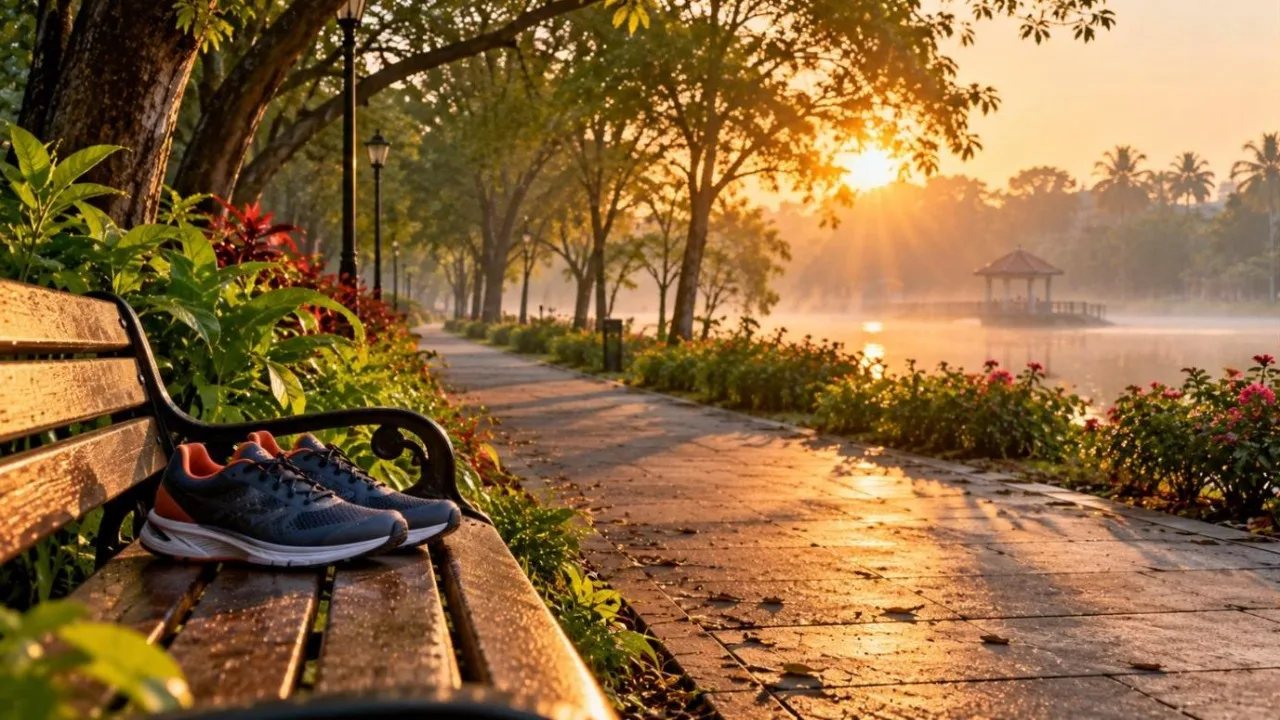 Tree-lined park path at sunrise with running shoes on a bench