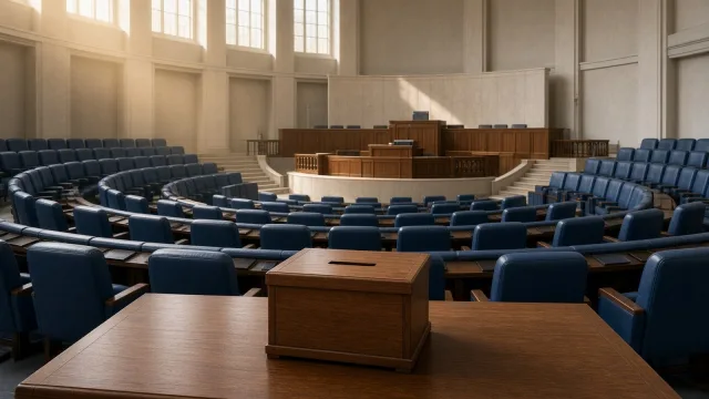 An empty parliamentary chamber with curved rows of blue seats and a wooden ballot box on a table in the foreground