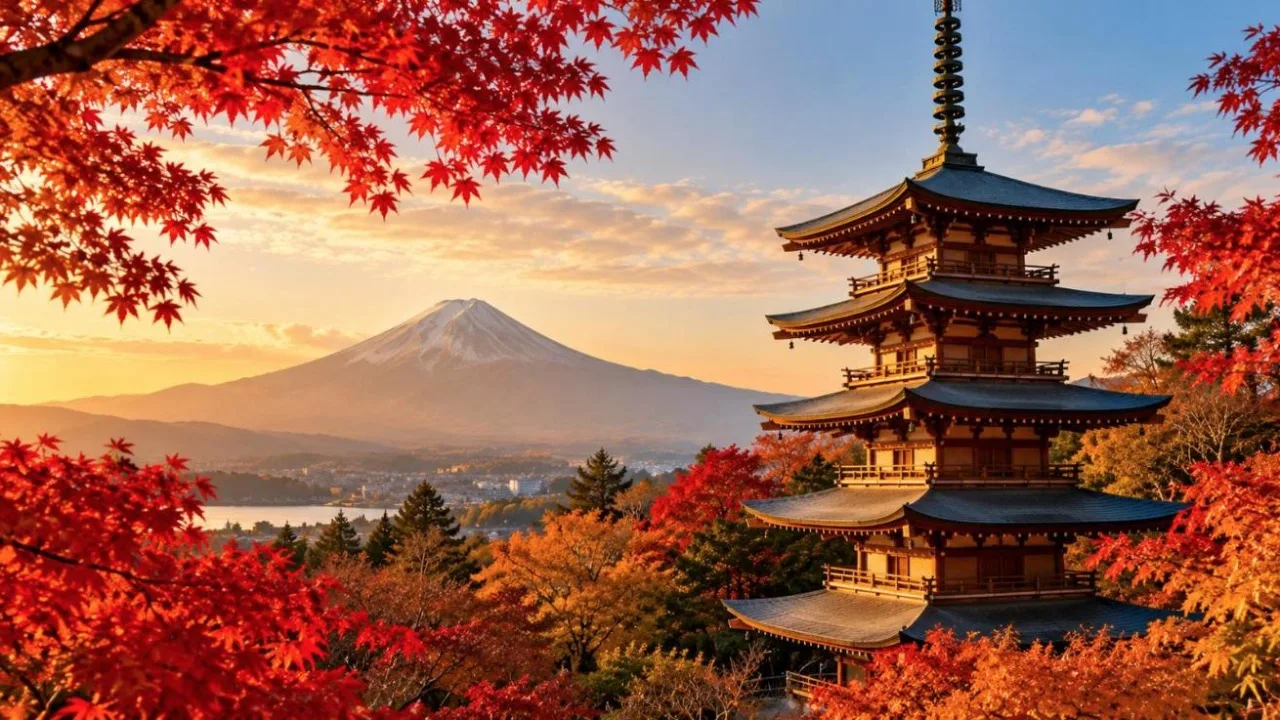 Traditional Japanese temple pagoda surrounded by red and orange autumn maple trees