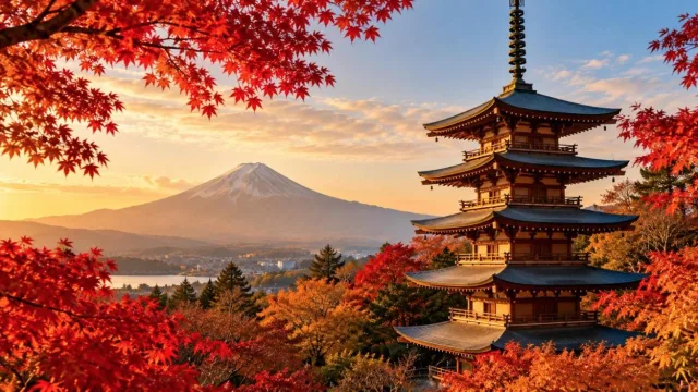 Traditional Japanese temple pagoda surrounded by red and orange autumn maple trees