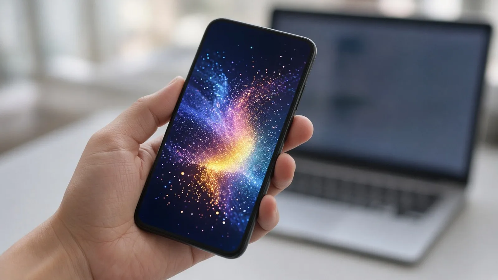 Hand holding a phone showing a glowing multicoloured sparkle, with a laptop blurred in the background