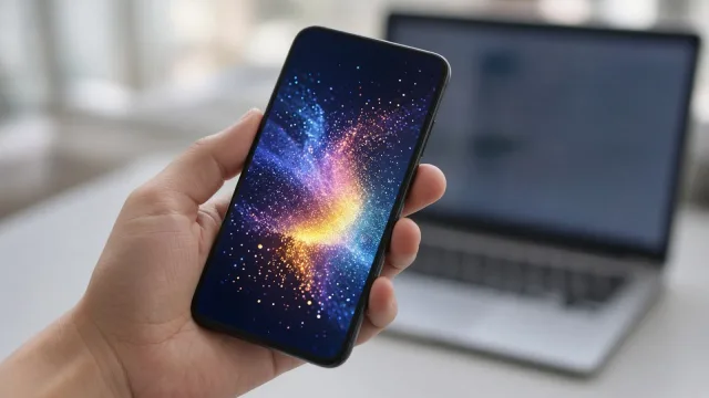 Hand holding a phone showing a glowing multicoloured sparkle, with a laptop blurred in the background