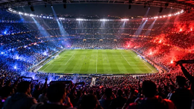 Packed football stadium at night seen from high in the stands with flares and floodlights