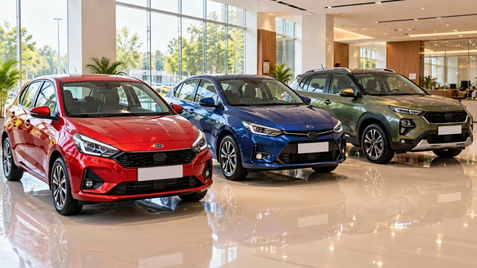 A hatchback, compact sedan and compact SUV in different colours in a bright car showroom