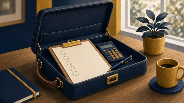 Editorial illustration of an open briefcase containing a checklist clipboard, a pen and a small calculator