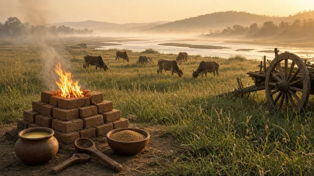 A mud-brick fire altar burning at dawn beside clay pots of ghee and grain, with cattle grazing near a misty river and a wooden spoked-wheel chariot