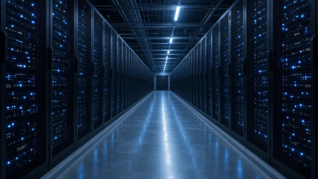 A long data centre aisle lined with server racks glowing with small blue lights, reflected in a polished floor