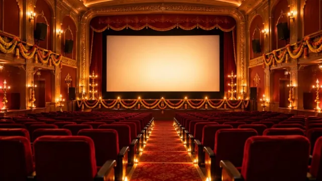 Indian cinema hall decorated with diya lamps and marigold garlands