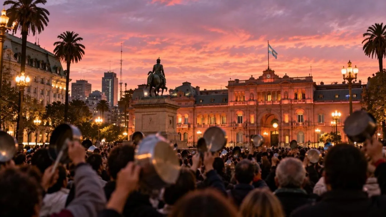 Plaza at dusk with a pink colonial government building and blurred crowds holding pots and pans