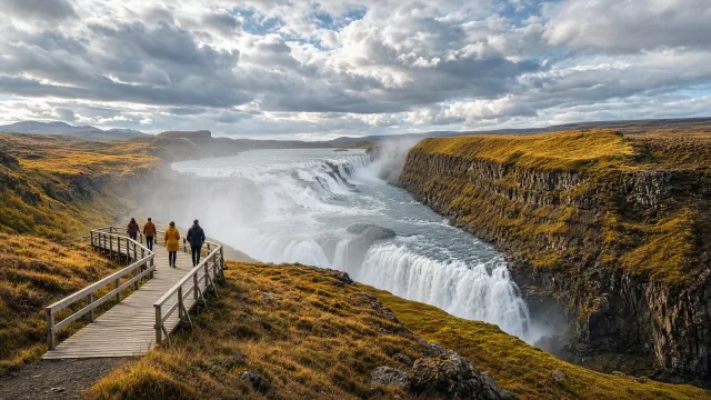 Hikers on a viewing path above Iceland's Gullfoss waterfall, one of the Golden Circle sites in a proposed visitor fee