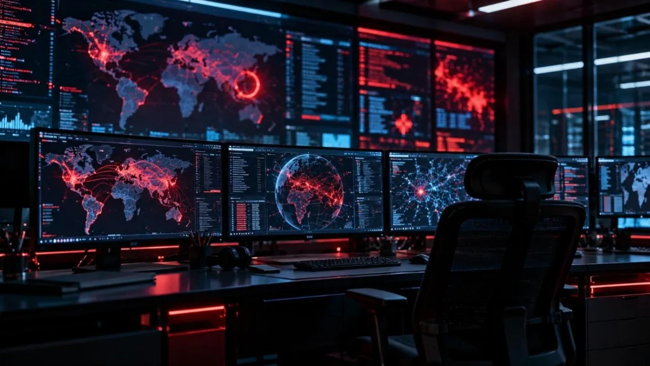 A dark security operations centre with glowing screens showing network maps and red alerts