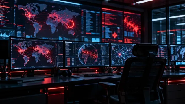 A dark security operations centre with glowing screens showing network maps and red alerts