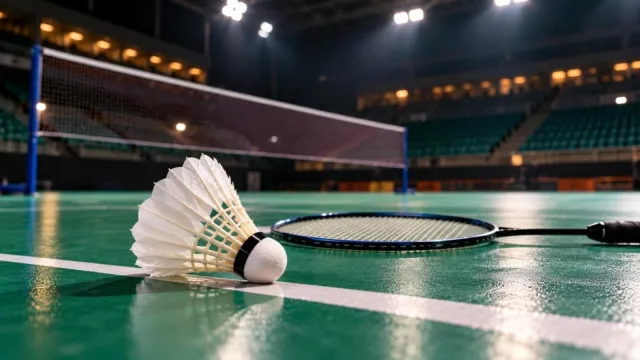 A white feather shuttlecock and a racket resting on a green badminton court beside the net under arena lights