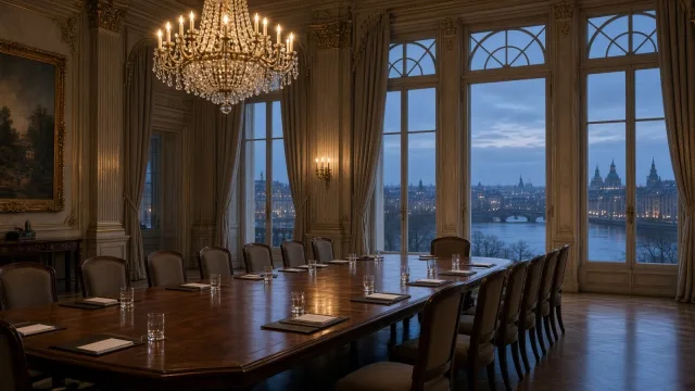 An empty negotiating table with chairs and folders in a grand palace room at dusk, a river city visible through tall windows, illustrating Russia-US-Ukraine peace talks