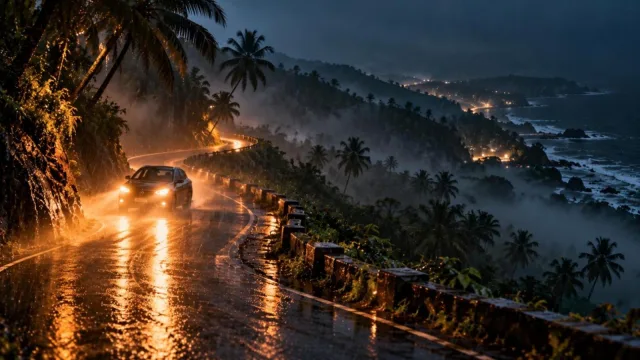 A lone car driving with headlights on along a misty hill road in Goa at night in the rain