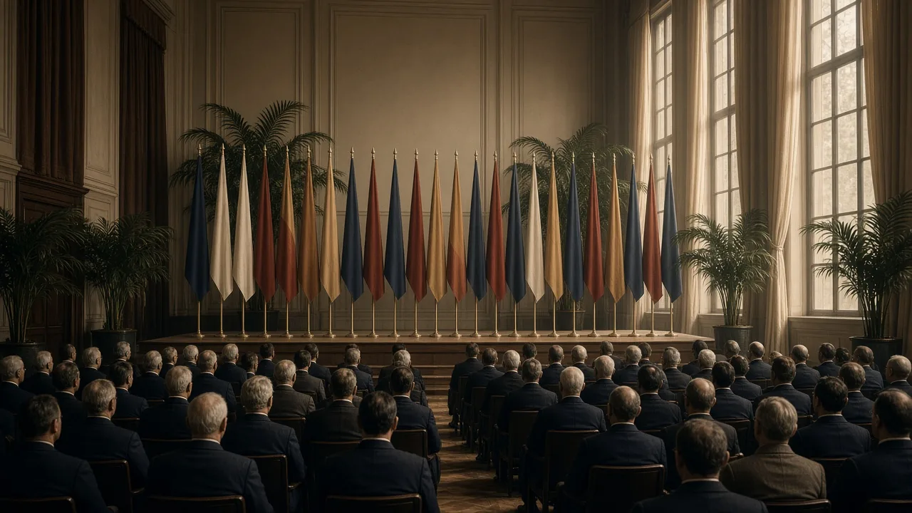 Delegates gathered in a flag-lined 1945 conference hall, illustrating the founding of the United Nations