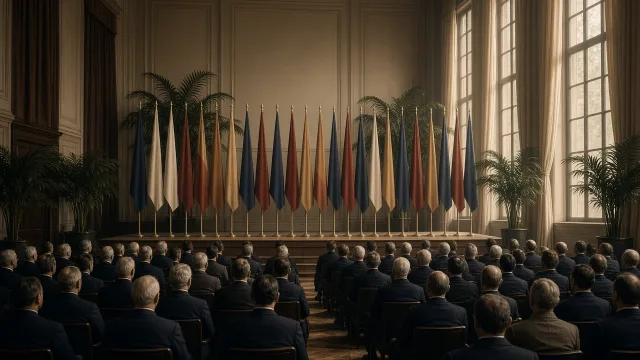 Delegates gathered in a flag-lined 1945 conference hall, illustrating the founding of the United Nations
