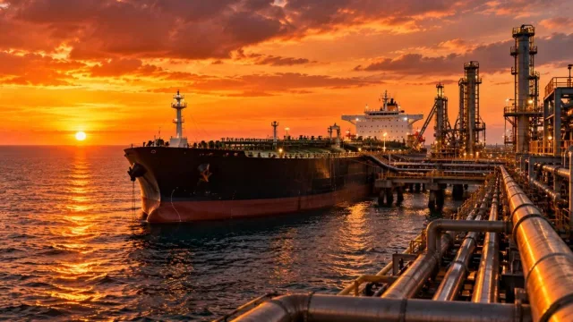 Oil tanker at sea at sunset beside an offshore loading terminal