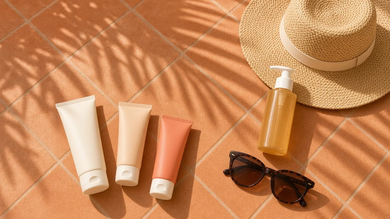 Editorial illustration of sunscreen tubes, a straw hat and sunglasses on a sunlit tiled surface with leaf shadows