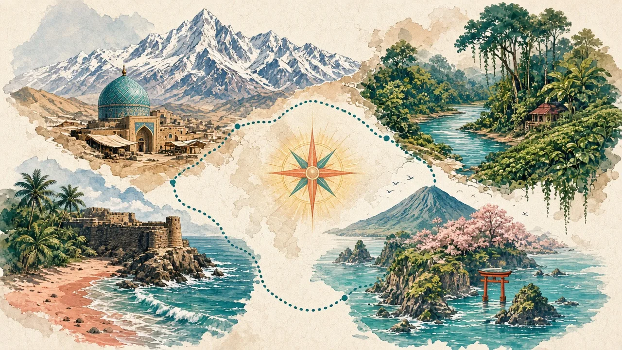 Collage of mountains, a sea fort beach, island coastline and green riverside joined by a dotted route, representing 2027 trending destinations