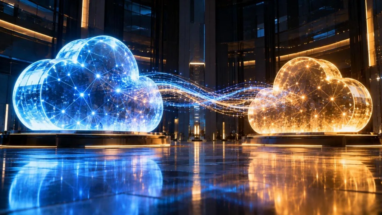 Two glowing cloud-shaped light sculptures connected by streams of light in a dark room
