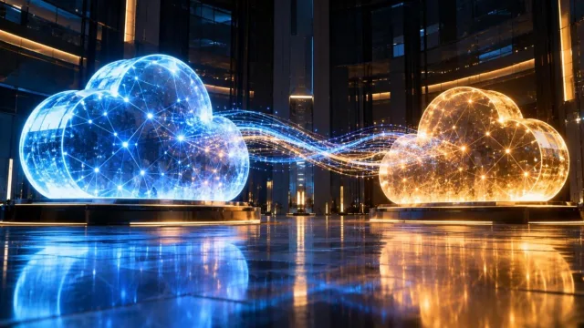 Two glowing cloud-shaped light sculptures connected by streams of light in a dark room