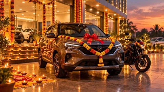 New SUV with marigold garland and red ribbon outside a car showroom lit with diyas on Diwali