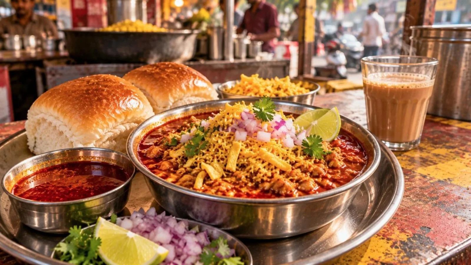 Spicy misal pav topped with farsan, onions and coriander with pav and lemon