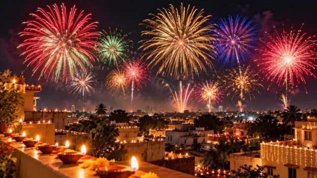 Colourful fireworks over traditional Indian rooftops with oil lamps