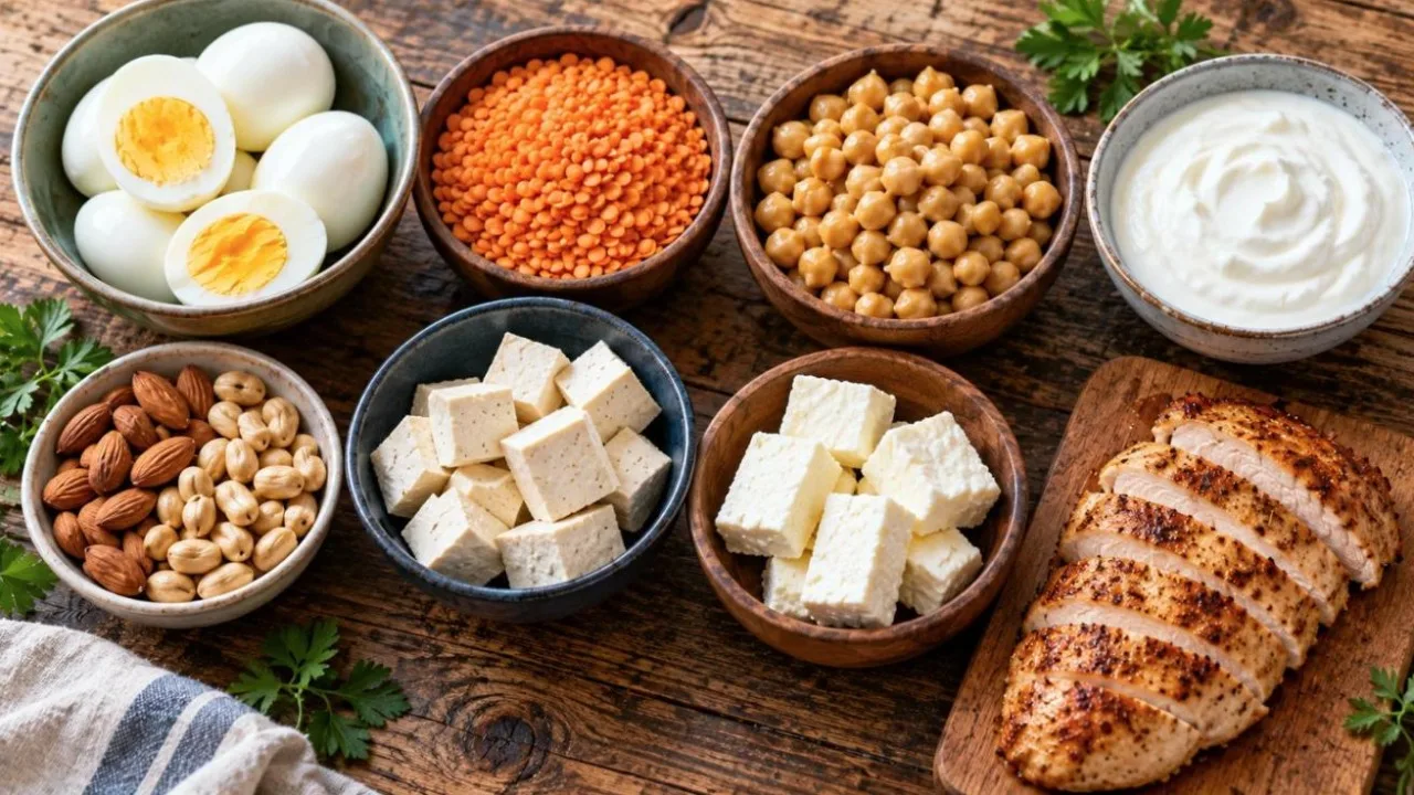 Bowls of eggs, lentils, chickpeas, yogurt, nuts, tofu and grilled chicken on a wooden table