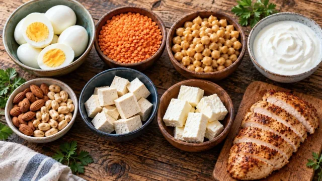 Bowls of eggs, lentils, chickpeas, yogurt, nuts, tofu and grilled chicken on a wooden table