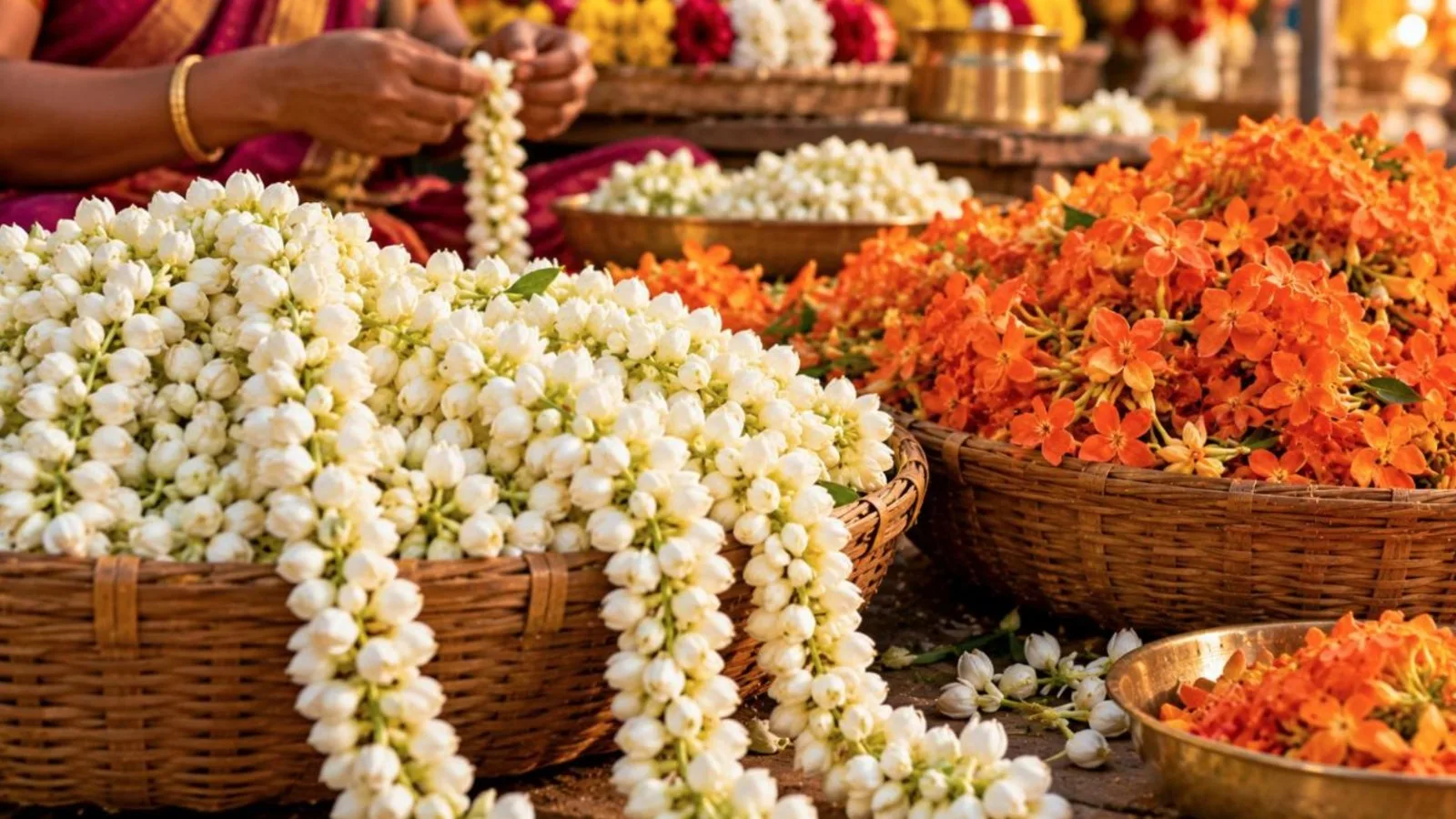 Strings of fresh white jasmine and orange kanakambaram flowers in a woven basket at a flower market