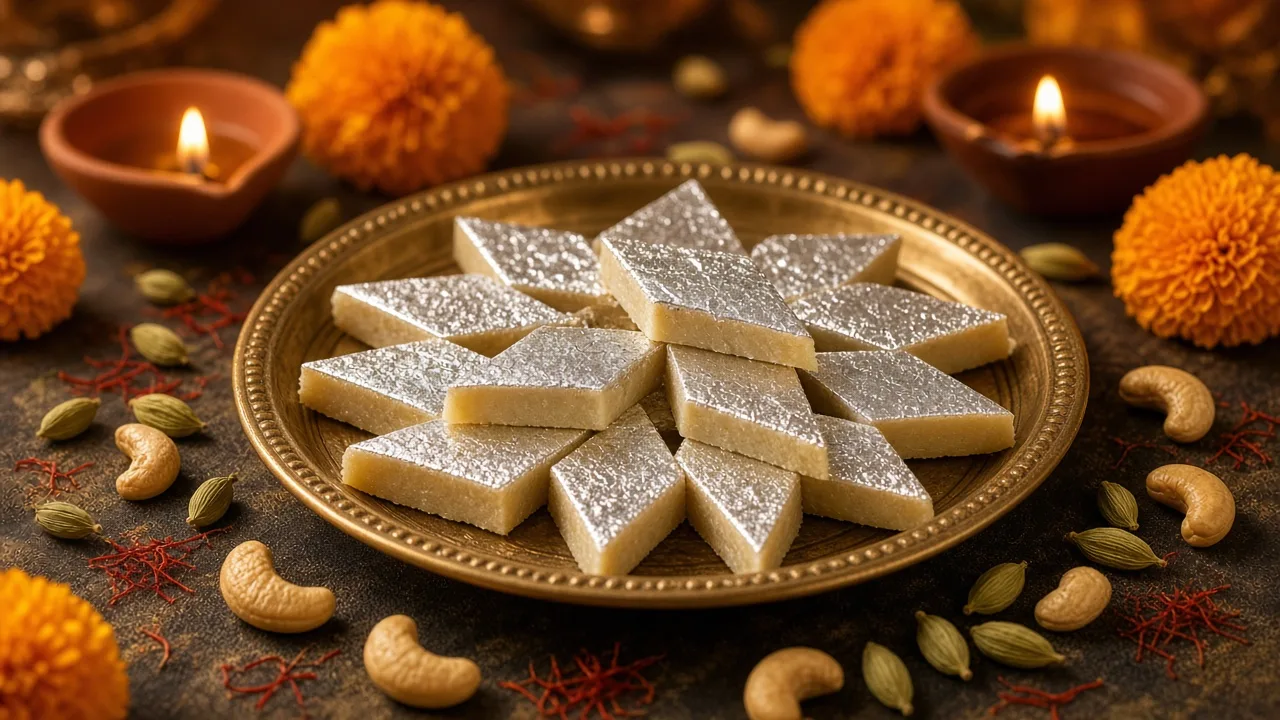 Diamond-shaped kaju katli with silver leaf on a brass plate surrounded by cashews, cardamom and glowing diyas