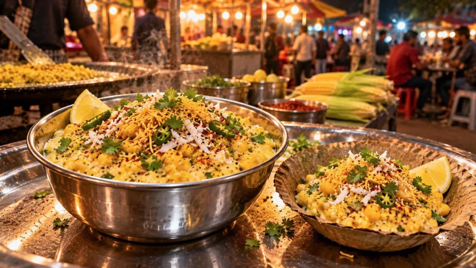 Creamy bhutte ka kees topped with coconut, coriander and sev in a bowl at an Indore night market