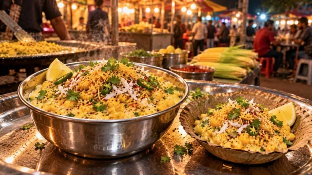 Creamy bhutte ka kees topped with coconut, coriander and sev in a bowl at an Indore night market