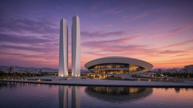Modernist white twin towers and a curved bowl-shaped building beside a reflecting pool at dusk under a purple and orange sky