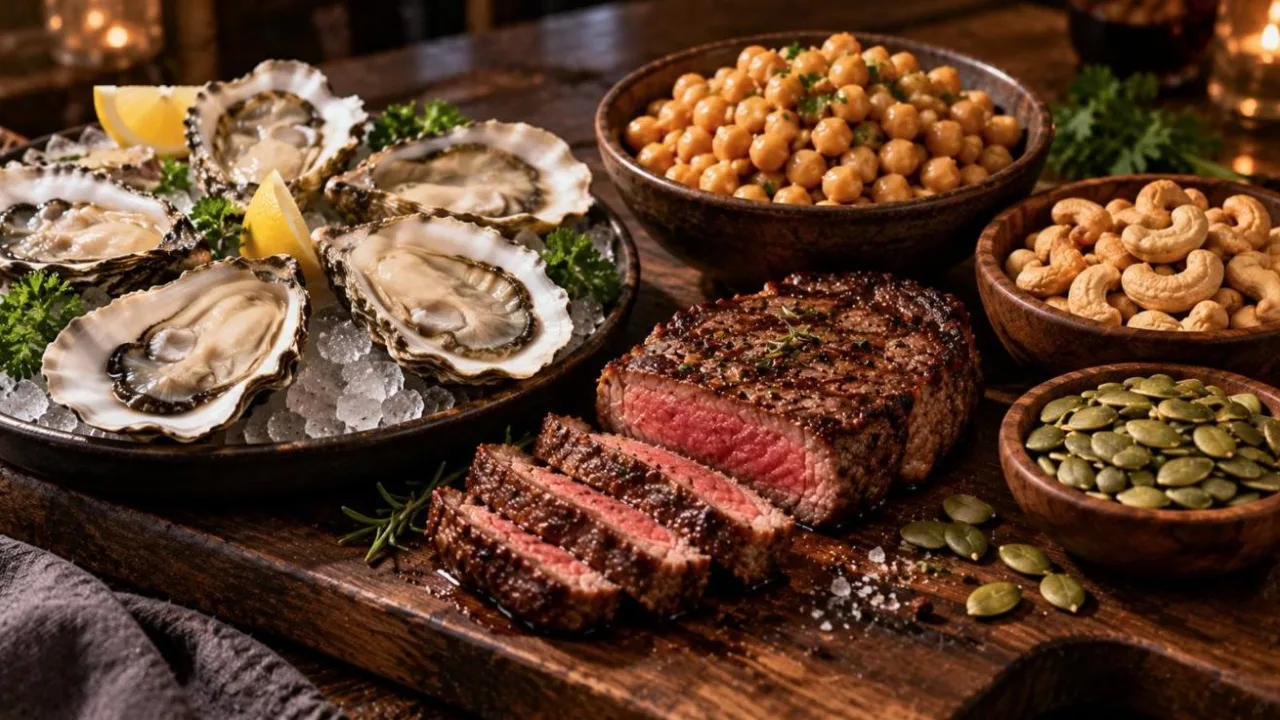 Oysters on ice, beef steak, chickpeas, cashews and pumpkin seeds on a dark wooden board