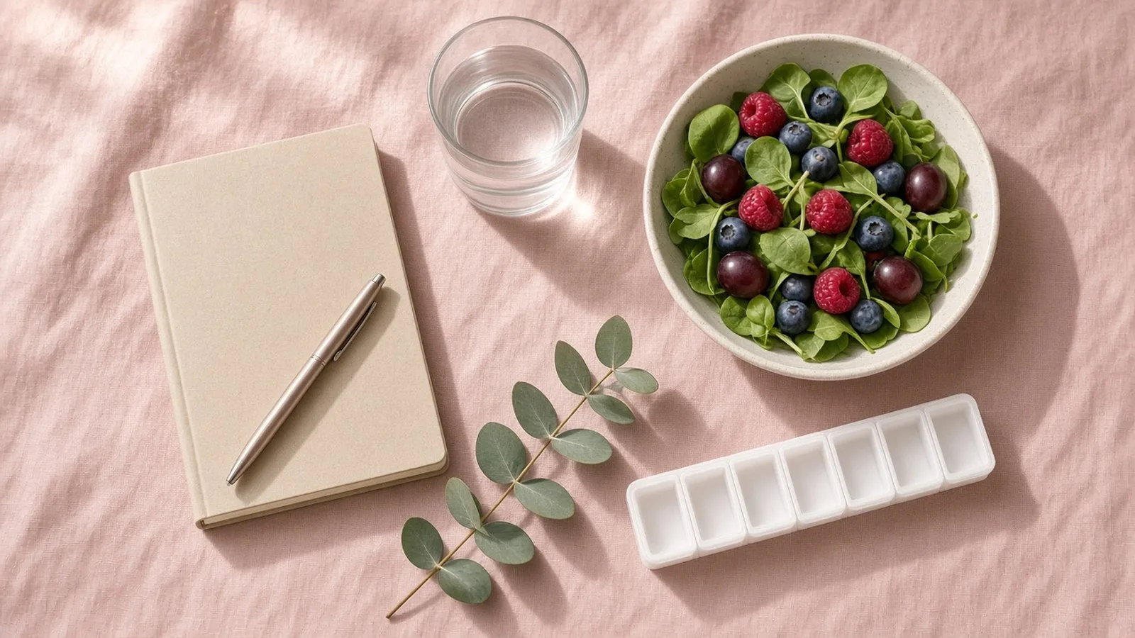 A notebook, pen, glass of water, bowl of berries and greens, eucalyptus and a pill organiser on pink linen